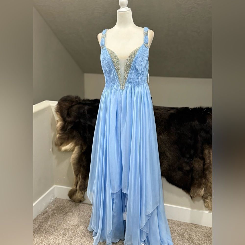New Gorgeous Light Blue Beaded Chiffon Gown With Shawl